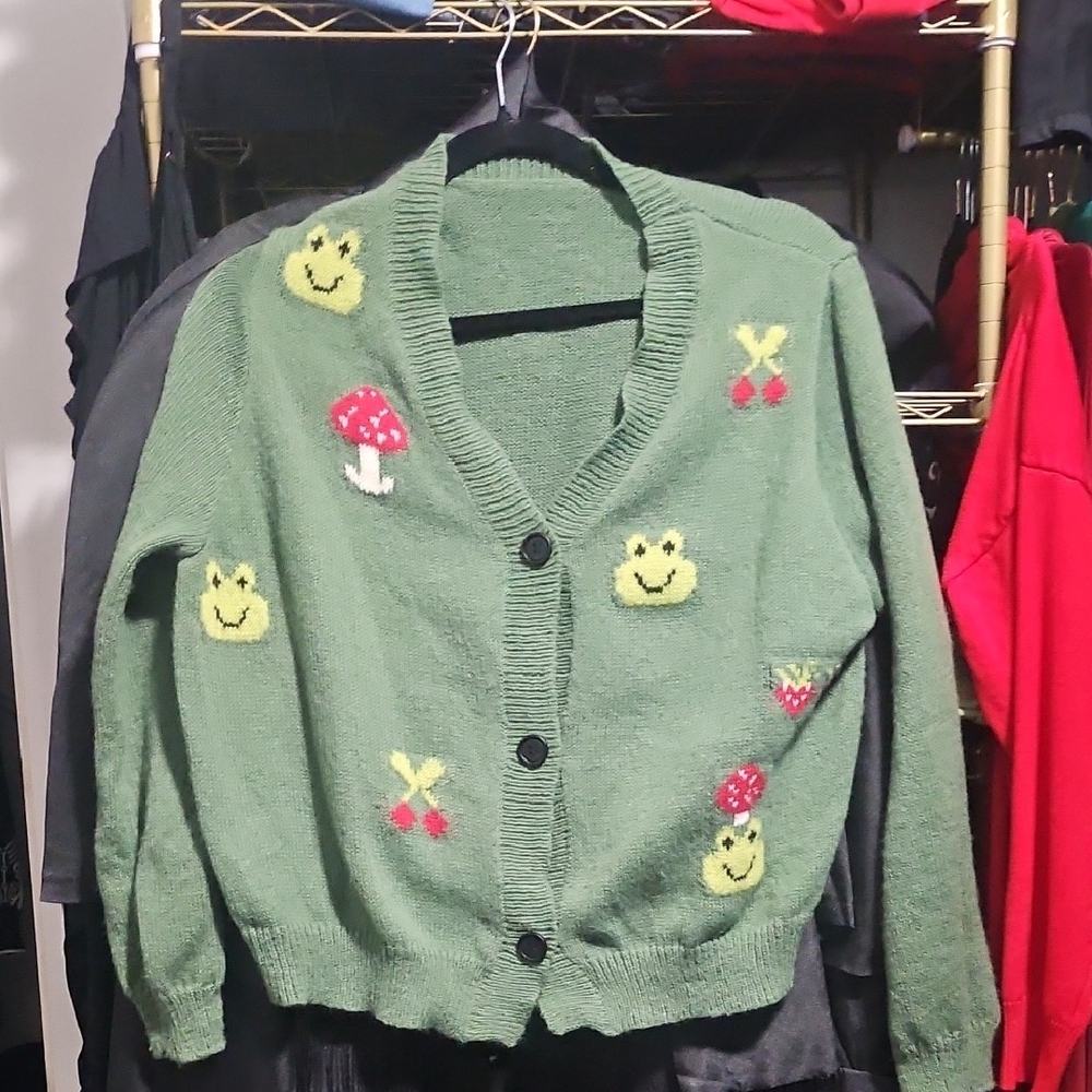 ROMWE Green Cardigan Sweater with Whimsical Embroidery